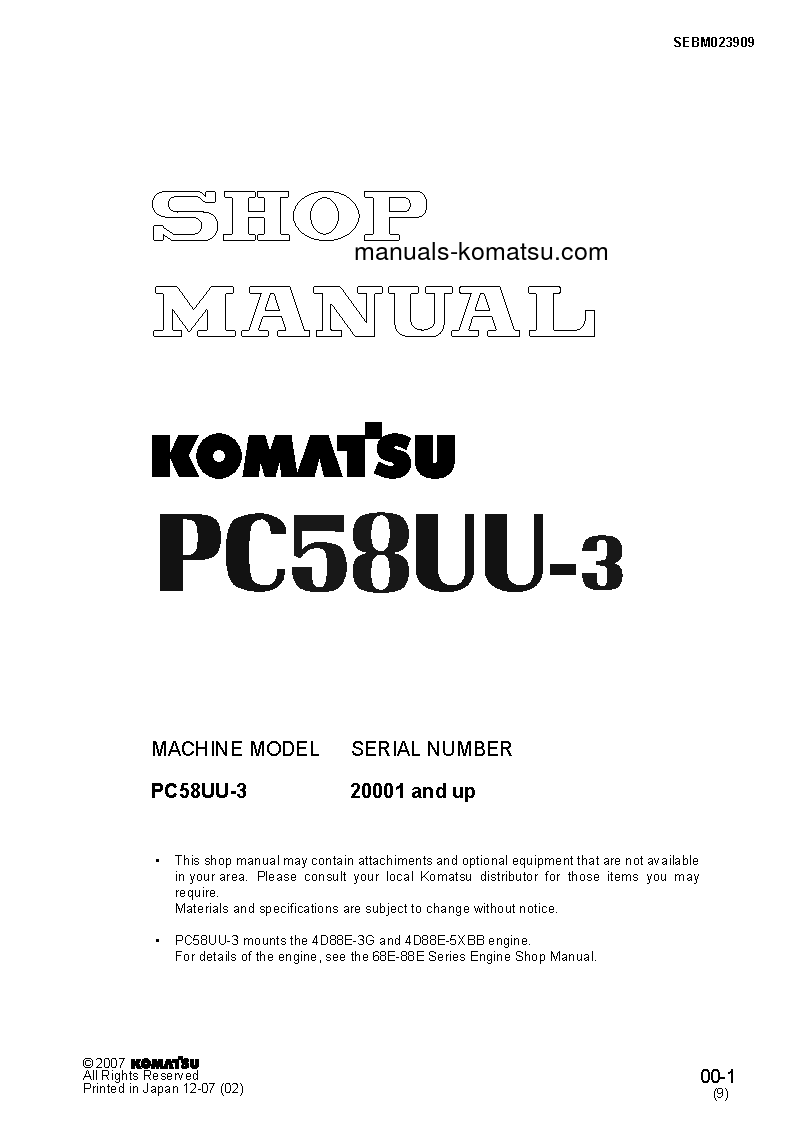 PC58UU-3(JPN) S/N 20001-UP Shop (repair) manual (English)