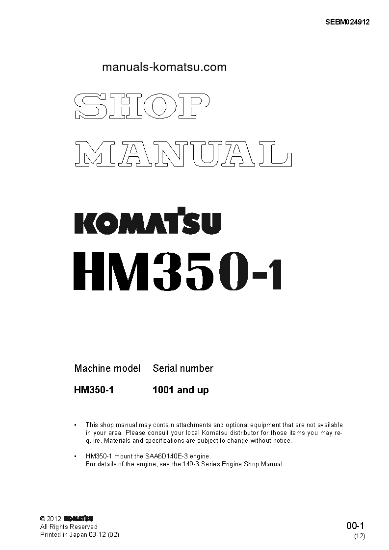 HM350-1(JPN) S/N 1001-UP Shop (repair) manual (English)