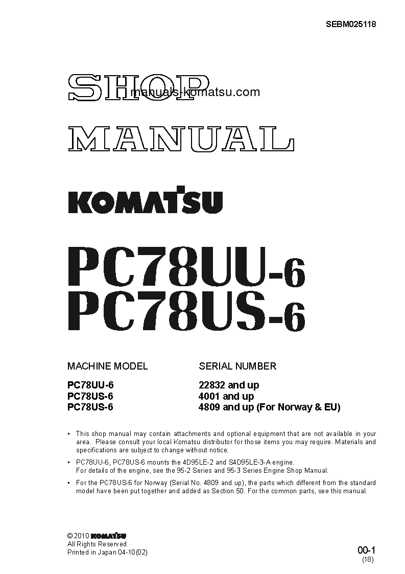 PC78US-6(JPN)-FOR N. AMERICA S/N 4001-UP Shop (repair) manual (English)