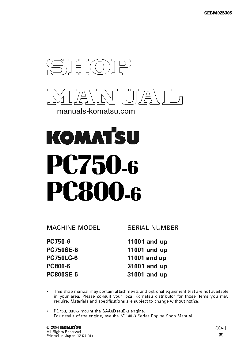 PC750SE-6(JPN)-MINOR CHANGE S/N 11001-UP Shop (repair) manual (English)