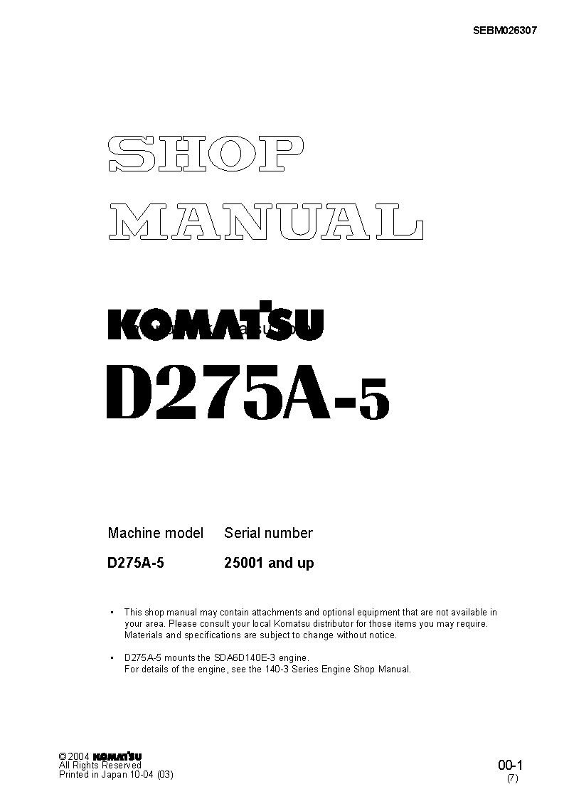 D275A-5(JPN) S/N 25001-UP Shop (repair) manual (English)
