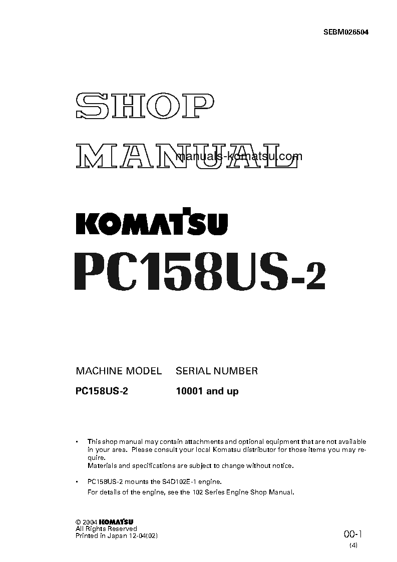 PC158USLC-2(JPN) S/N 10018-UP Shop (repair) manual (English)