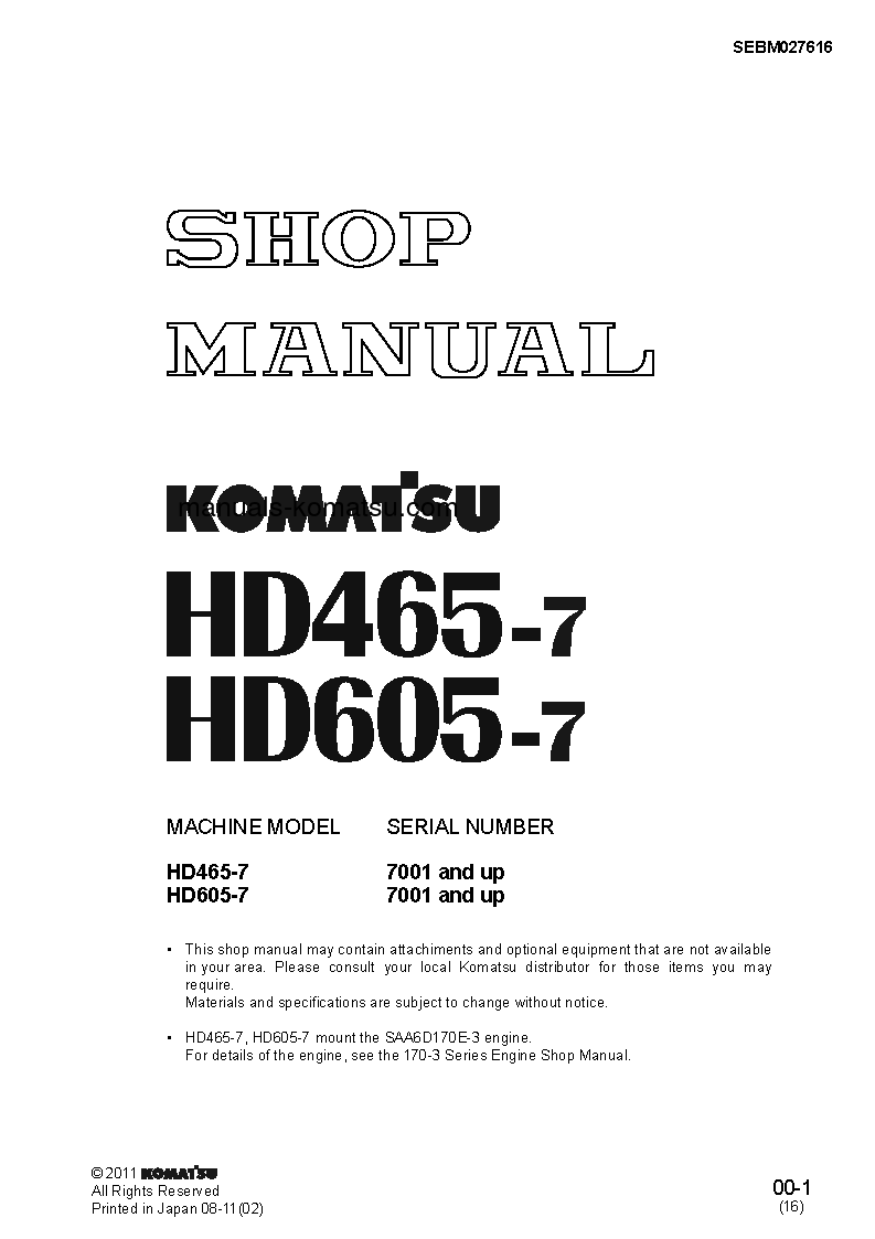 HD605-7(JPN) S/N 7001-UP Shop (repair) manual (English)