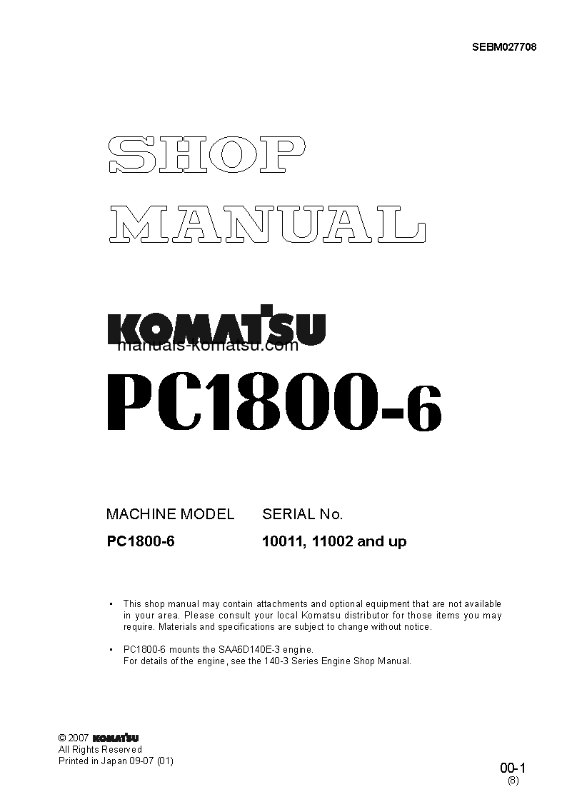 PC1800-6(JPN)-T2 S/N 11002-UP Shop (repair) manual (English)