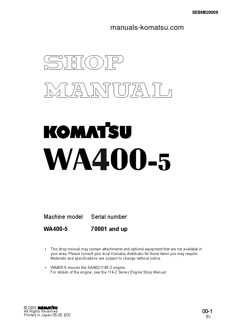 WA400-5(JPN) S/N 70001-UP Shop (repair) manual (English)