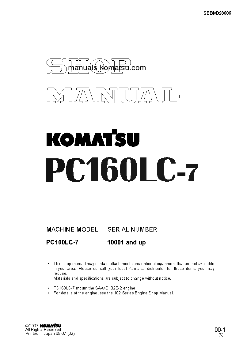 PC160LC-7(JPN)-FOR N. AMERICA S/N 10001-UP Shop (repair) manual (English)
