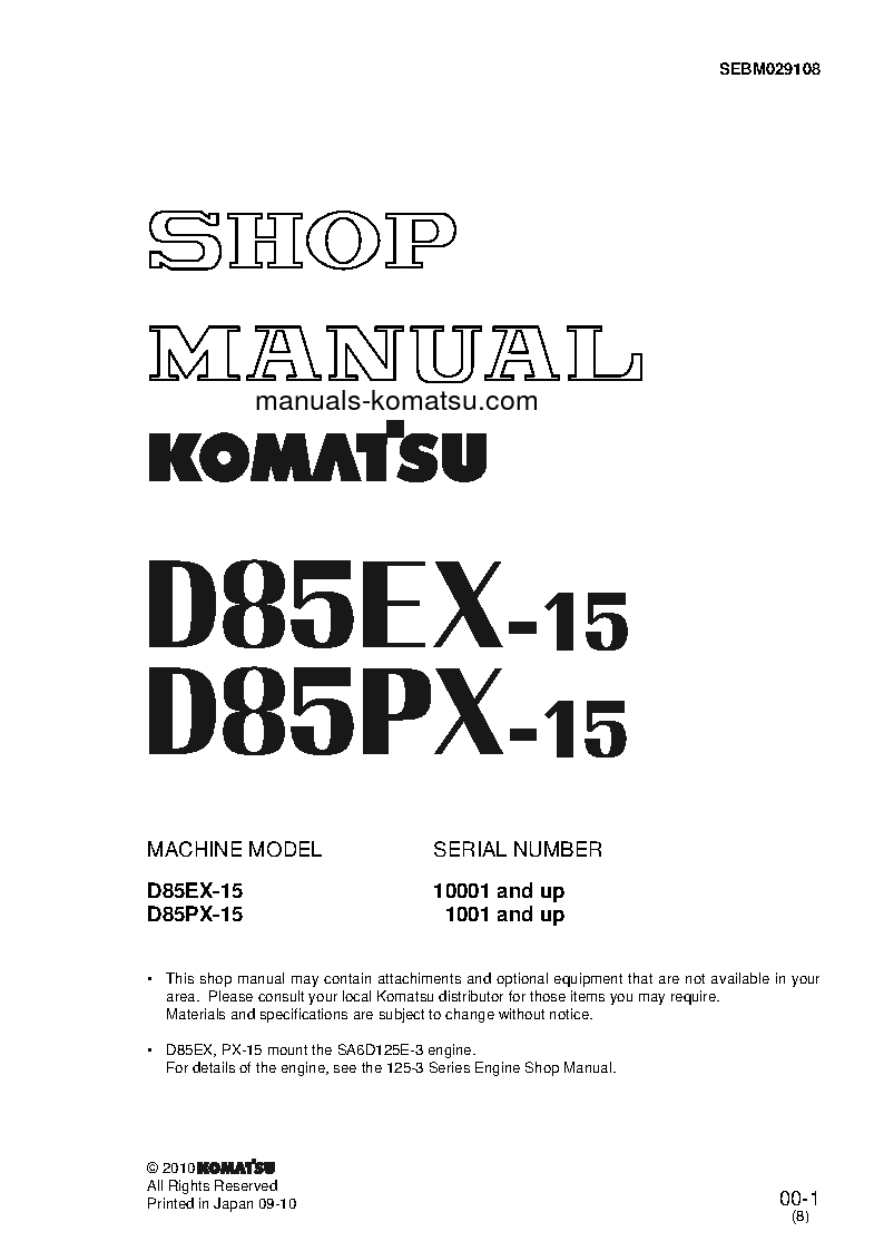 D85EX-15(JPN) S/N 10001-UP Shop (repair) manual (English)
