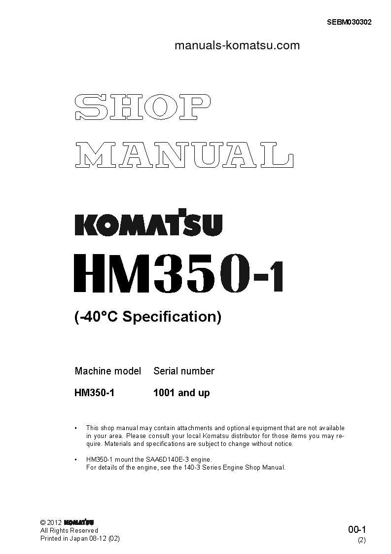 HM350-1(JPN)--40C DEGREE S/N 1001-UP Shop (repair) manual (English)