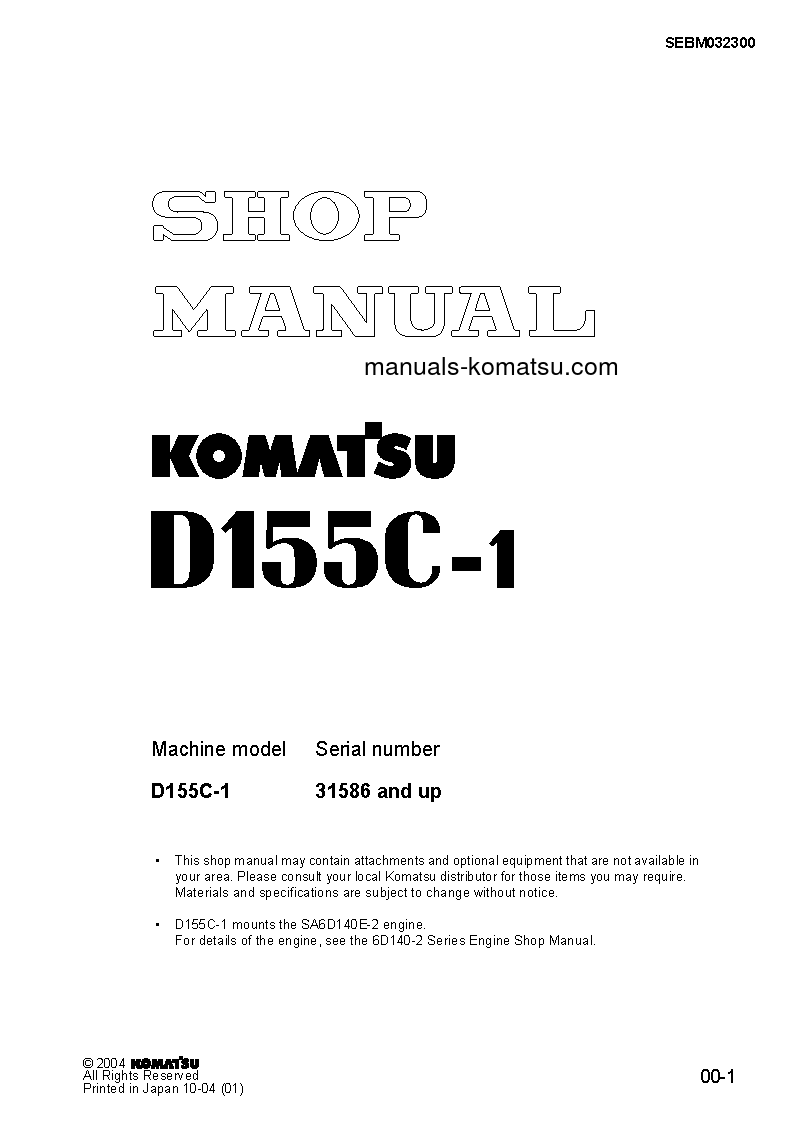 D155C-1(JPN) S/N 31586-UP Shop (repair) manual (English)