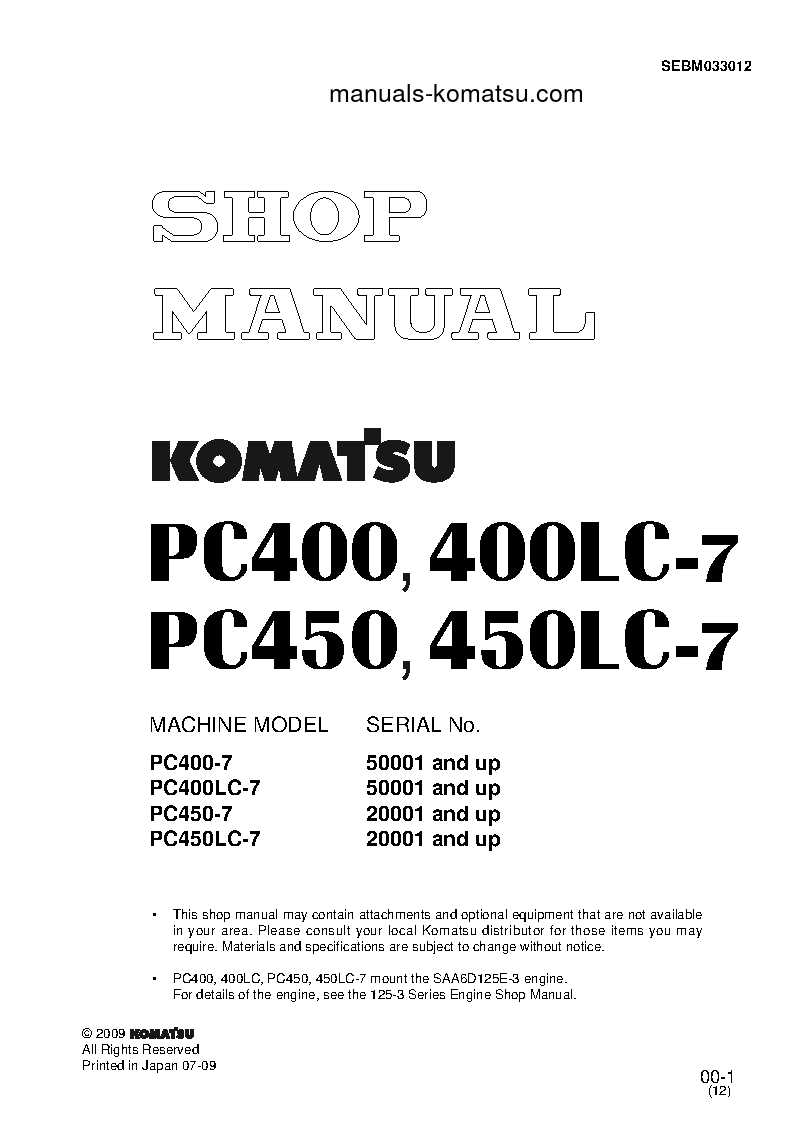 PC400-7(JPN) S/N 50001-UP Shop (repair) manual (English)