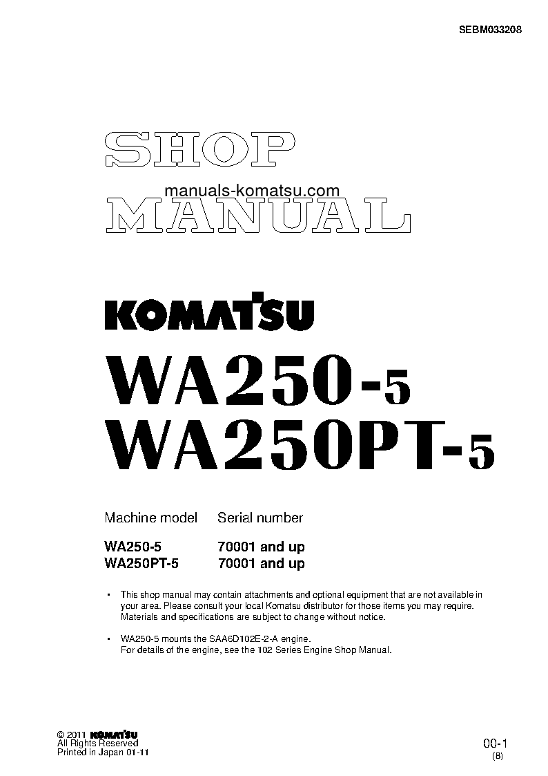 WA250PT-5(JPN) S/N 70001-UP Shop (repair) manual (English)