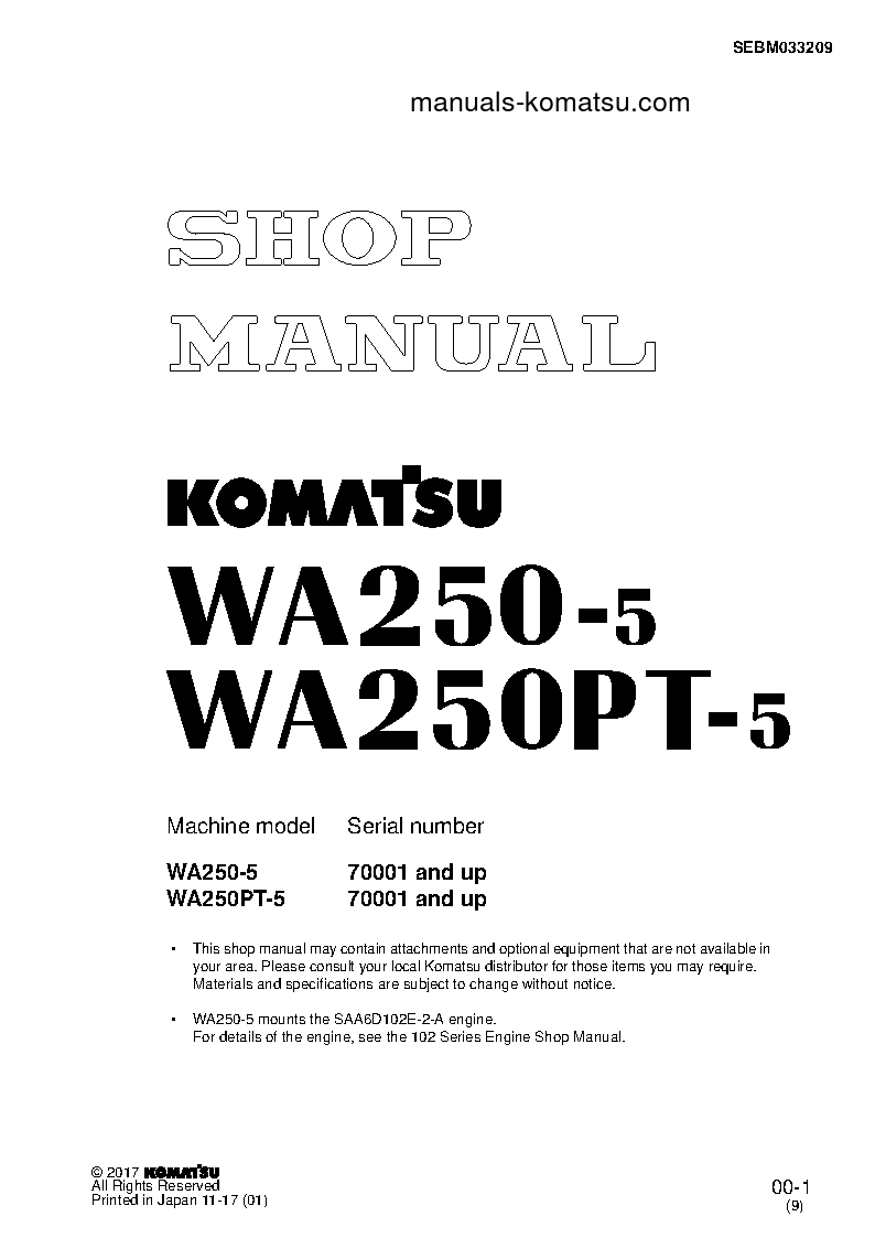 WA250L-5(JPN) S/N 70001-UP Shop (repair) manual (English)