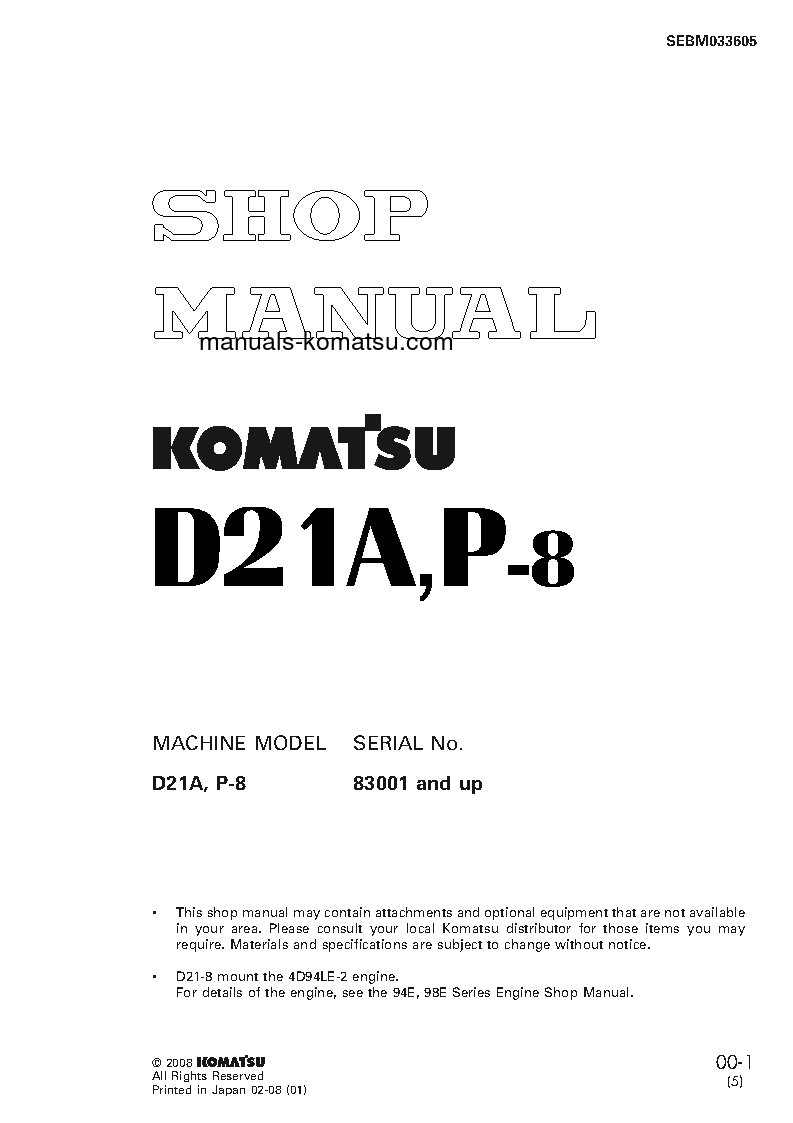 D21A-8(JPN)-TRIMMING DOZER, FOR CHINA S/N 84104-UP Shop (repair) manual (English)