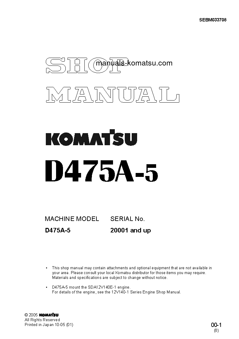 D475A-5(JPN) S/N 20001-UP Shop (repair) manual (English)