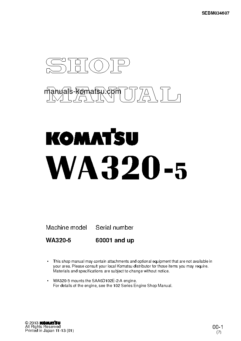 WA320-5(JPN) S/N 60001-UP Shop (repair) manual (English)