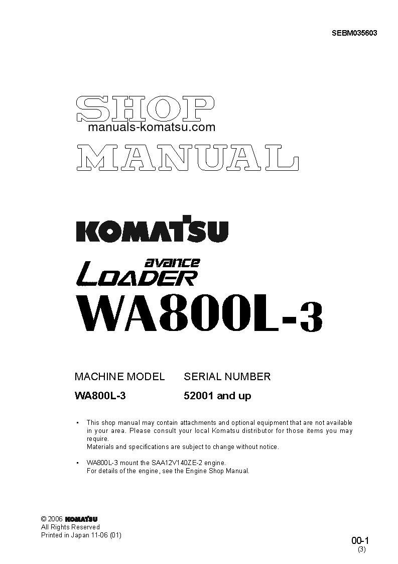 WA800L-3(JPN) S/N 52001-UP Shop (repair) manual (English)