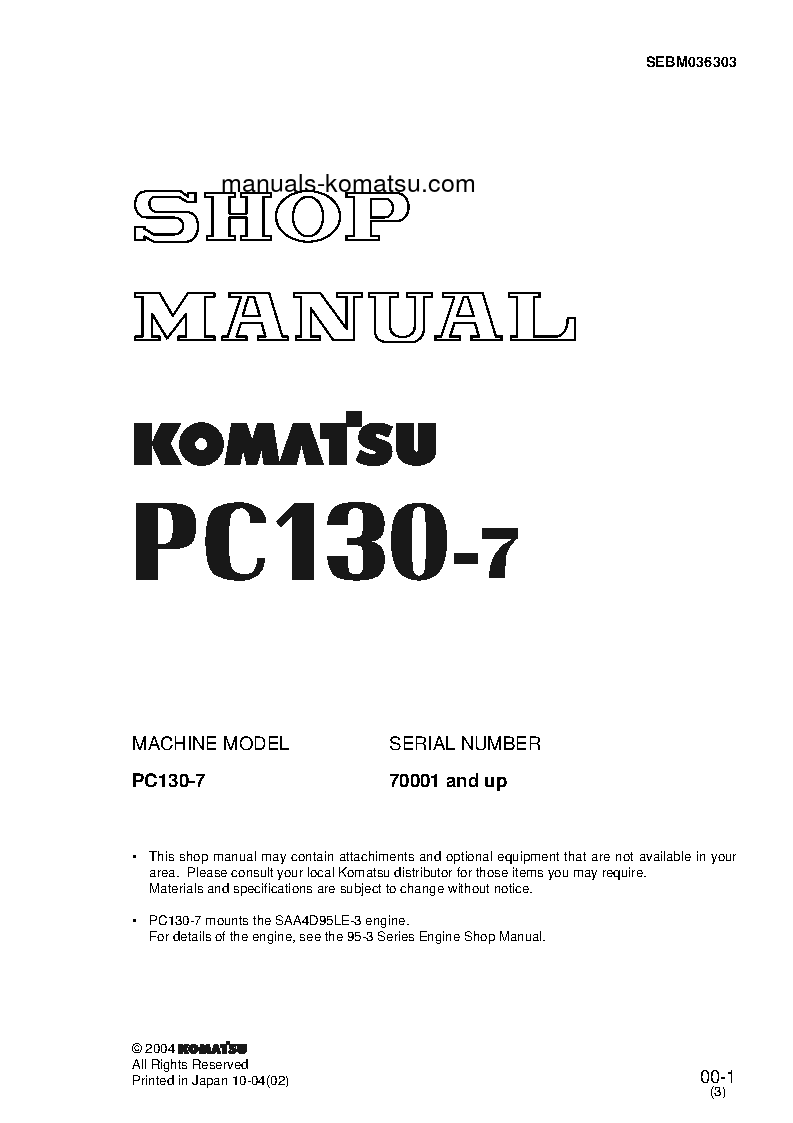 PC130-7(GBR)-K S/N 70001-UP Shop (repair) manual (English)