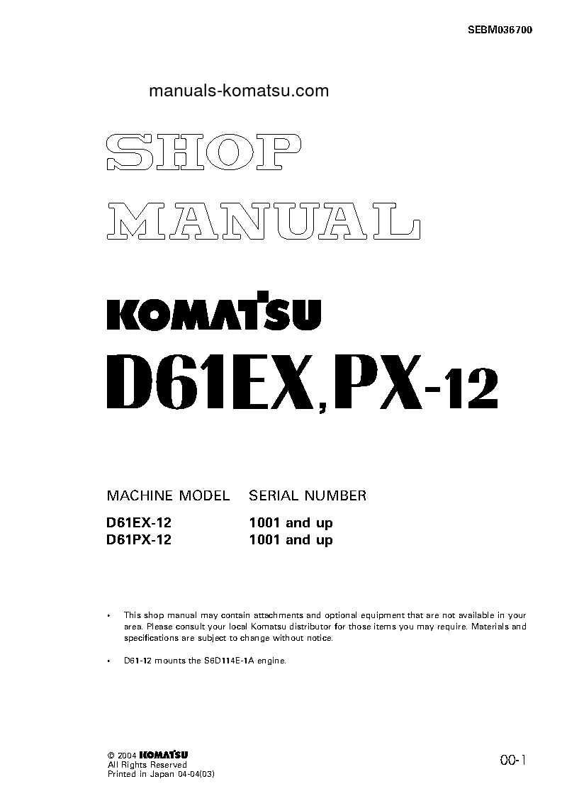 D61PX-12(JPN)-FOR IRAQ S/N 1001-UP Shop (repair) manual (English)