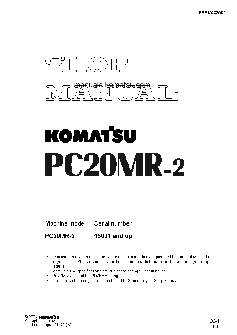 PC20MR-2(JPN)-FOR CANOPY S/N 15001-UP Shop (repair) manual (English)