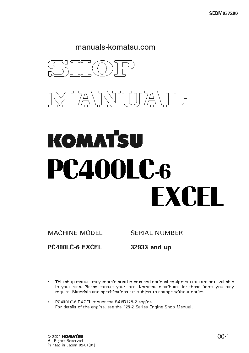 PC400LC-6(JPN)-PIPE LOOPER SPEC, EXCEL S/N 32933-UP Shop (repair) manual (English)