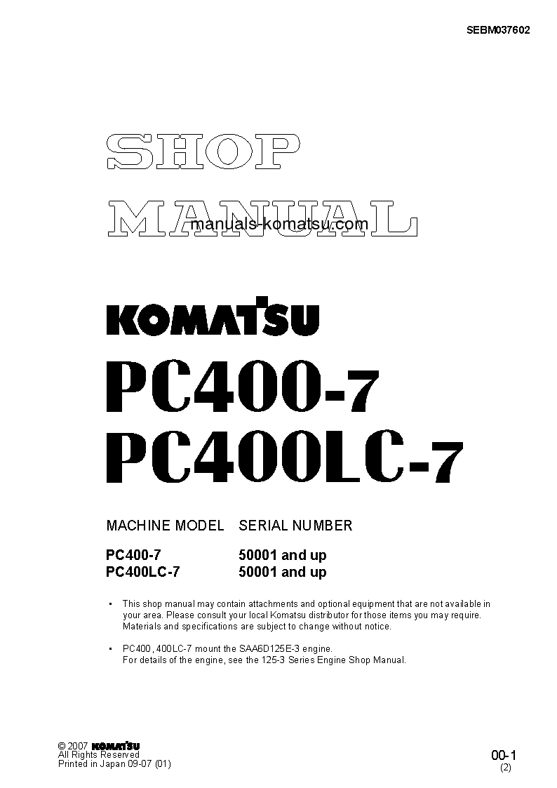 PC400-7(JPN)--50C DEGREE FOR CIS S/N 50001-UP Shop (repair) manual (English)
