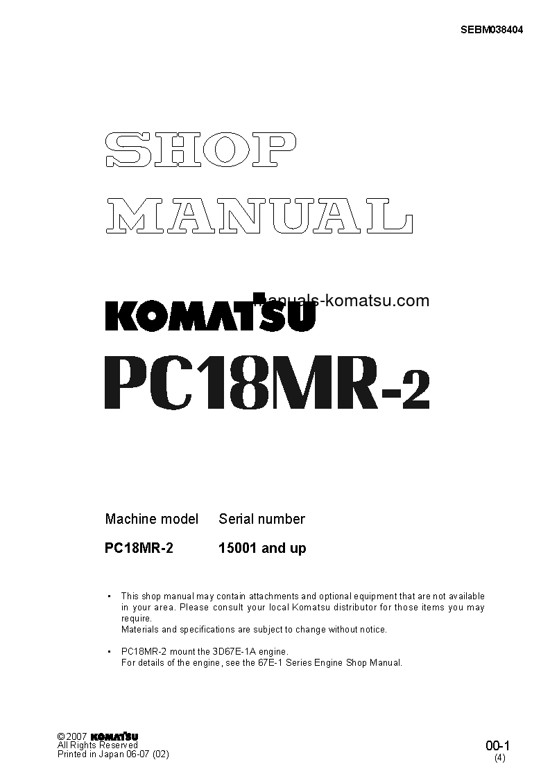 PC18MR-2(JPN) S/N 15001-UP Shop (repair) manual (English)