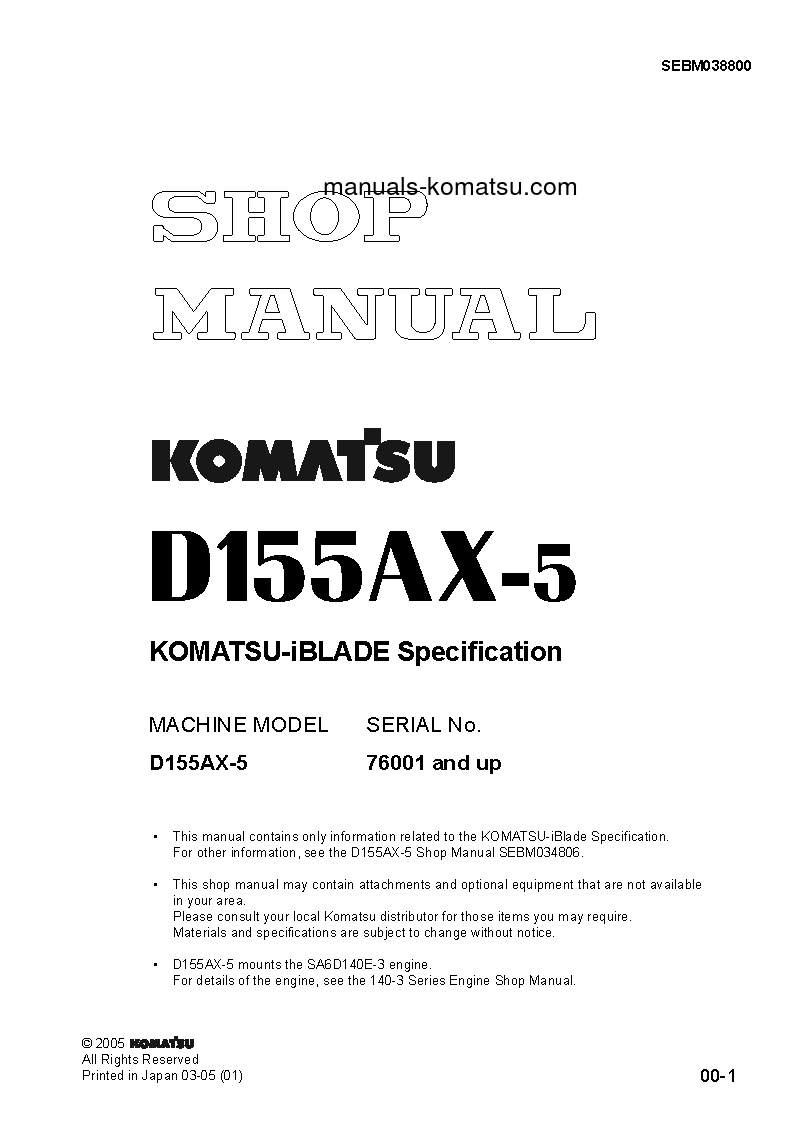 D155AX-5(JPN)-IBLADE SPEC S/N 76001-UP Shop (repair) manual (English)