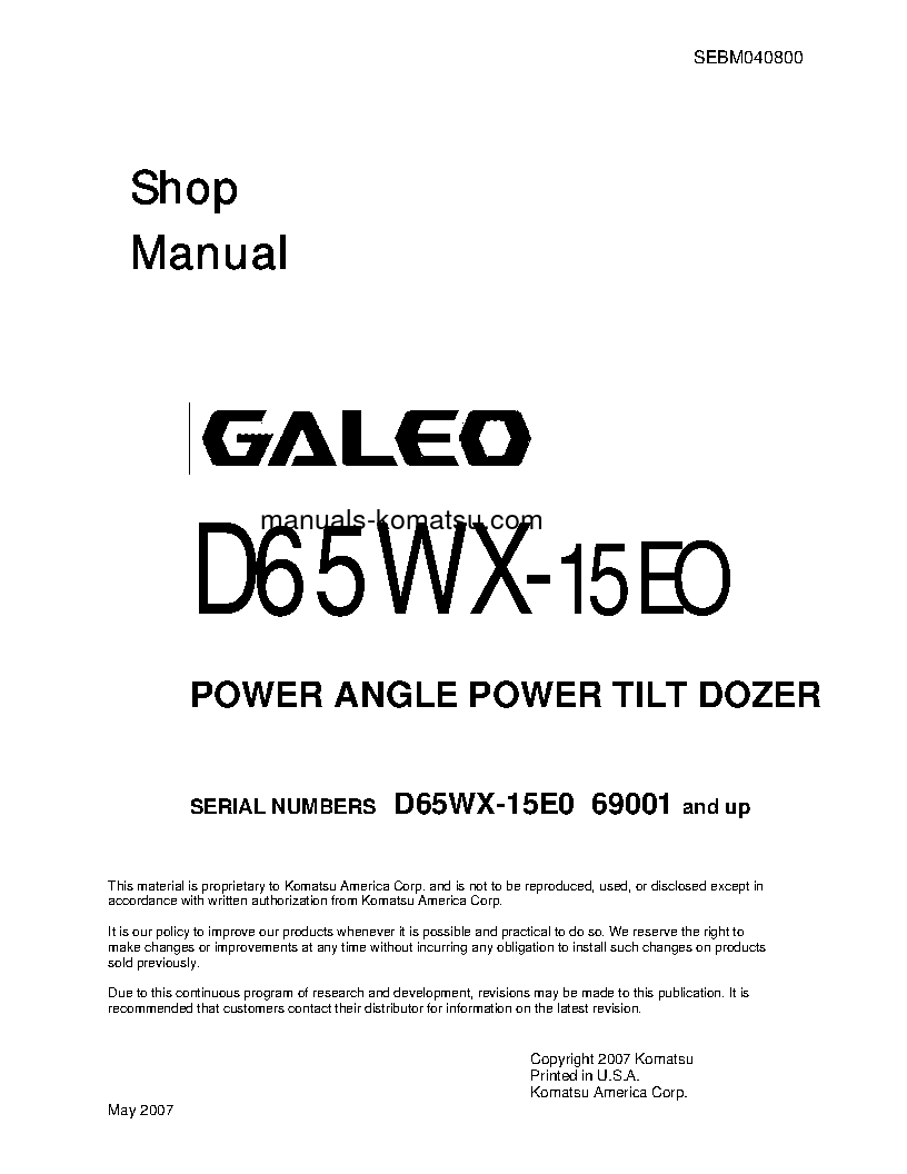 D65WX-15(JPN)-E0, POWER ANGLE TILT S/N 69001-UP Shop (repair) manual (English)