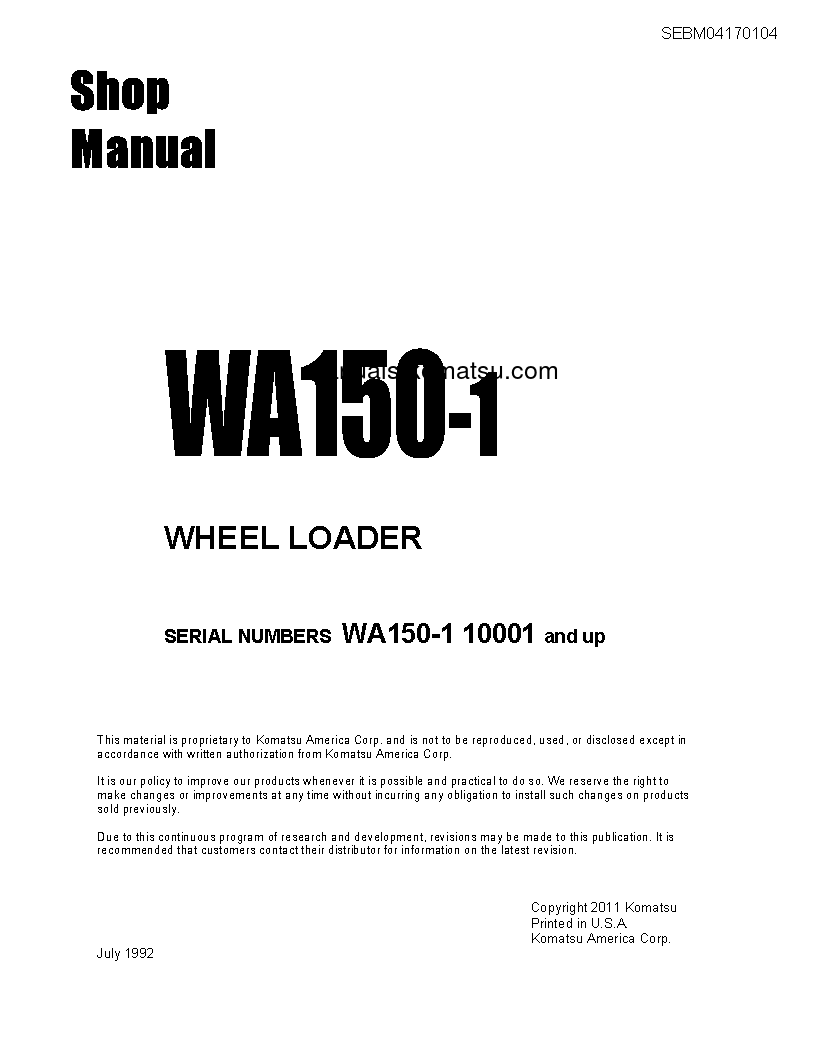 Protected: WA150-1(JPN) S/N 10001-20000 Shop (repair) manual (English)