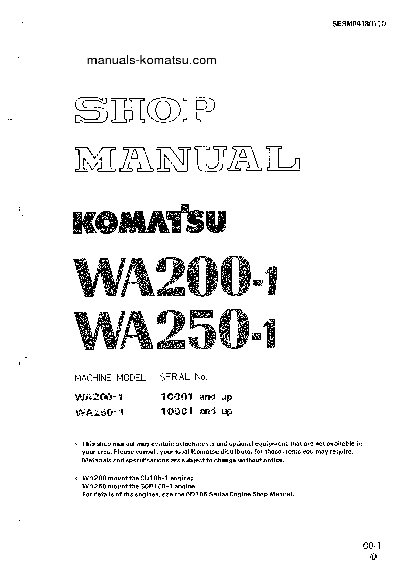 WA250-1(JPN) S/N 10001-UP Shop (repair) manual (English)