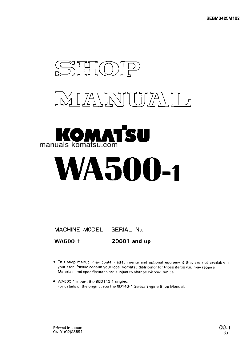 WA500-1(JPN) S/N 20001-UP Shop (repair) manual (English)