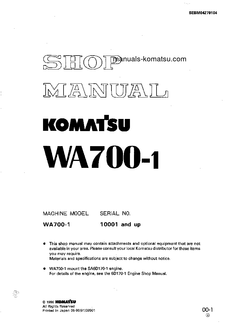 WA700-1(JPN) S/N 10001-UP Shop (repair) manual (English)
