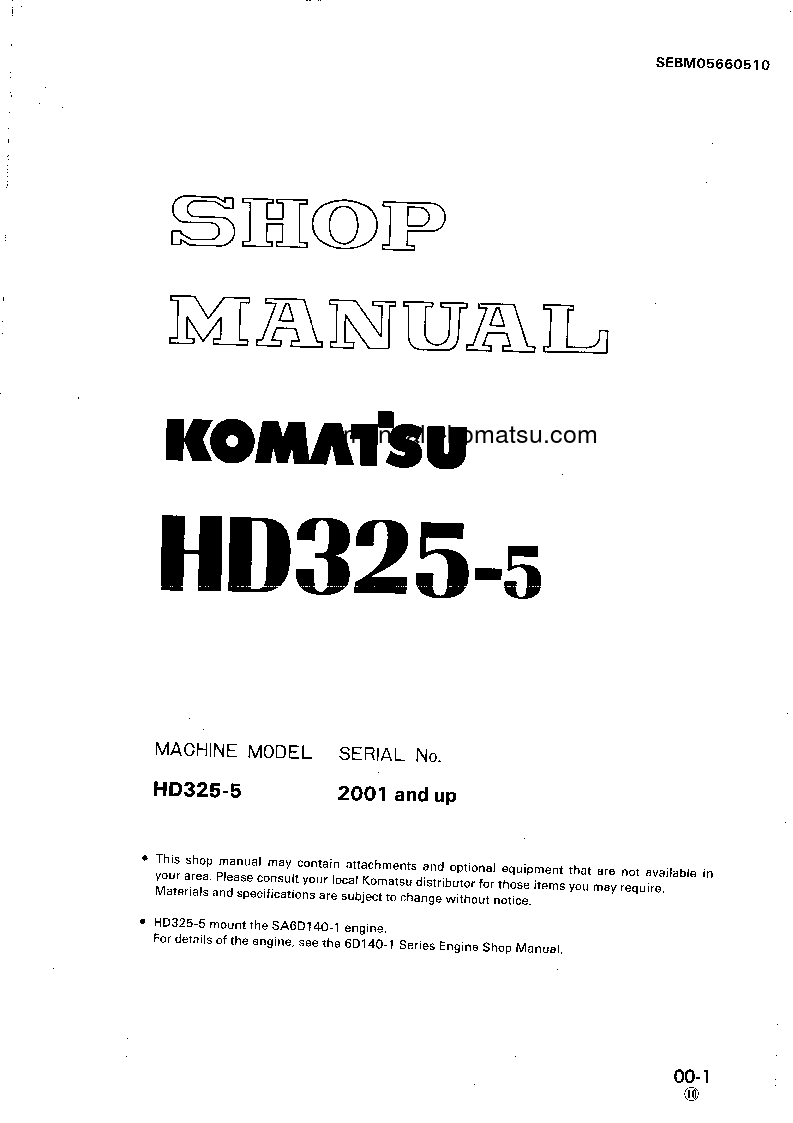 HD325-5(JPN) S/N 2001-UP Shop (repair) manual (English)