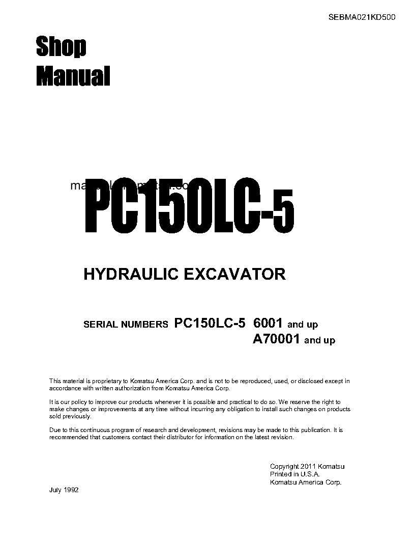 PC150LC-5(USA) S/N A70001-UP Shop (repair) manual (English)
