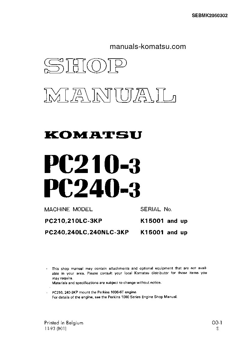 PC240LC-3(GBR)-PERKINS S/N K15001-UP Shop (repair) manual (English)