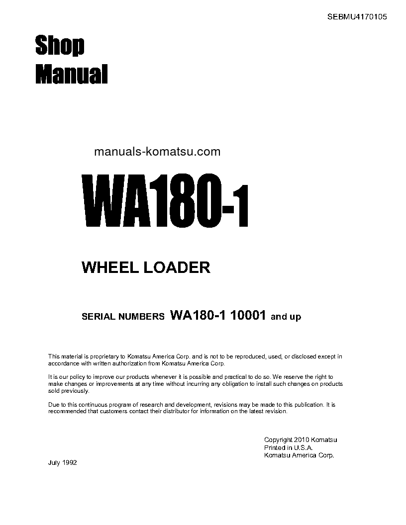 Protected: WA180-1(USA)-L S/N A70012-A70603 Shop (repair) manual (English)