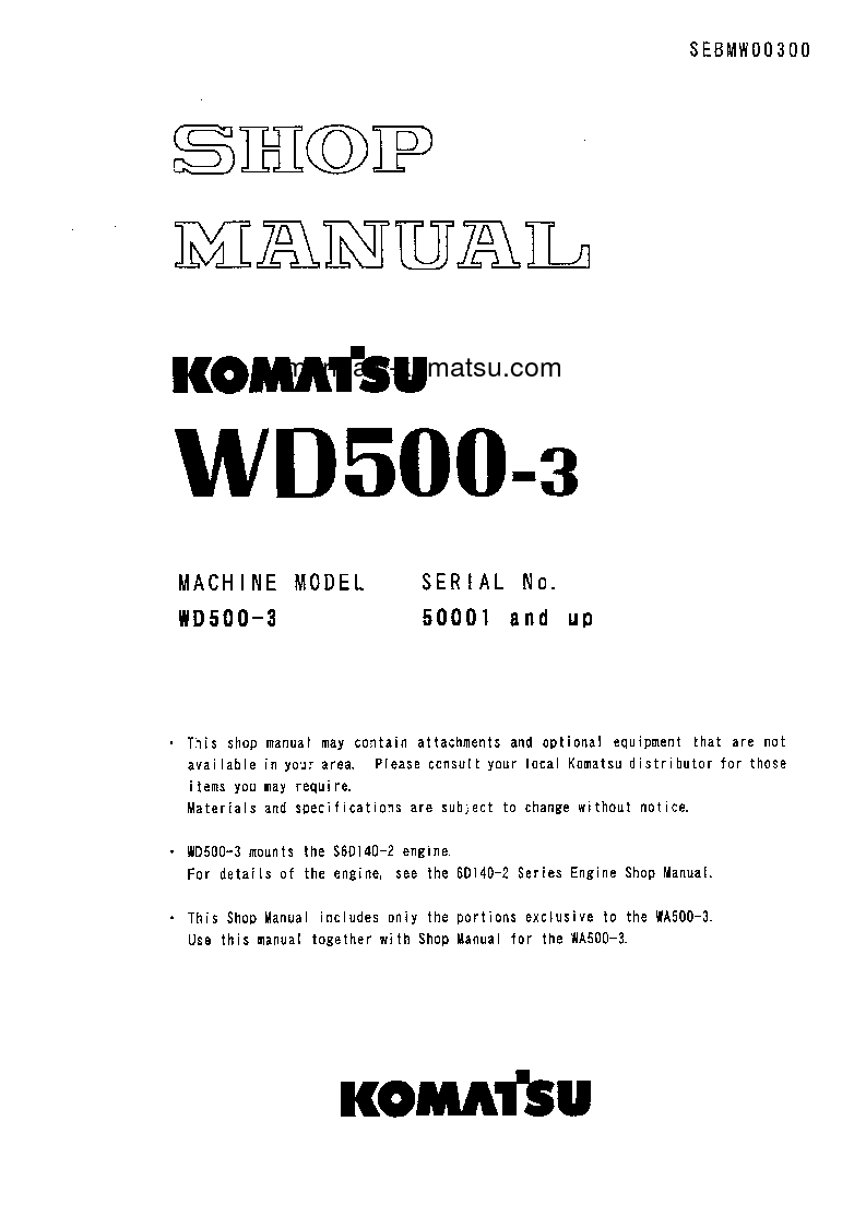 WD500-3(JPN) S/N 50001-UP Shop (repair) manual (English)