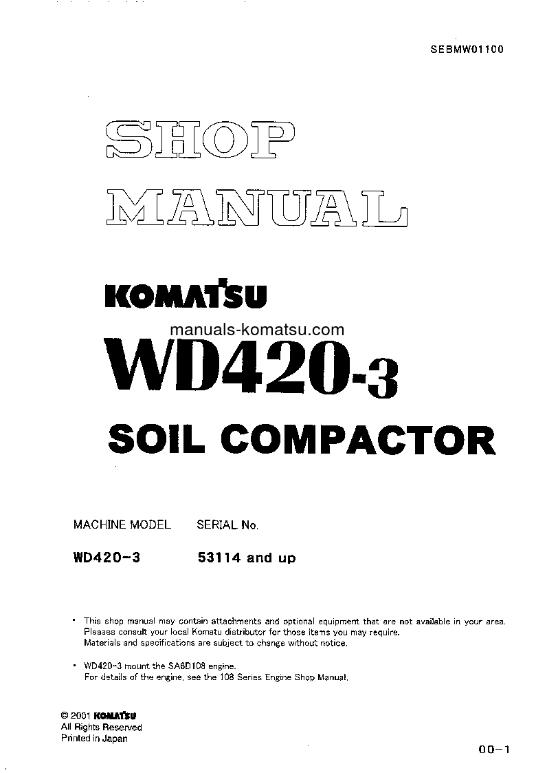WD420-3(JPN) S/N 53114-UP Shop (repair) manual (English)