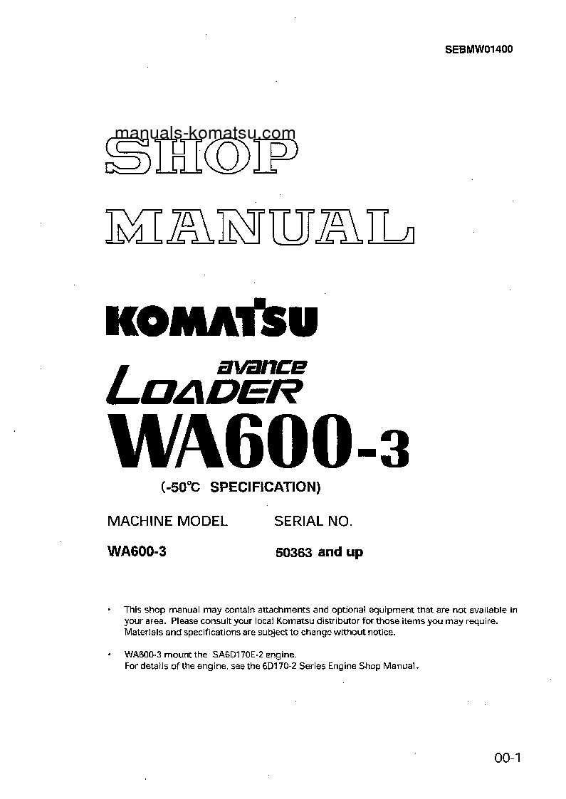 WA600-3(JPN)--50C DEGREE S/N 50363-UP Shop (repair) manual (English)
