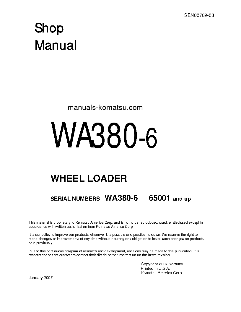 WA380-6(JPN)-FOR N. AMERICA S/N 65001-UP Shop (repair) manual (English)