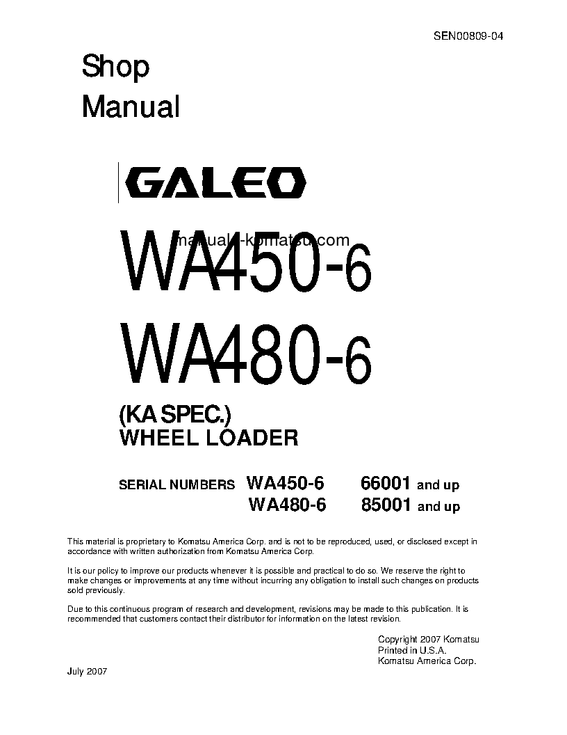 WA480-6(JPN) S/N 85001-UP Shop (repair) manual (English)