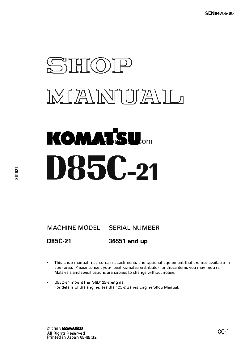 D85C-21(JPN) S/N 36551-UP Shop (repair) manual (English)