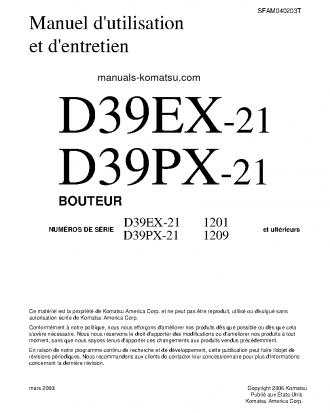 D39EX-21(JPN) S/N 1201-UP Operation manual (French)