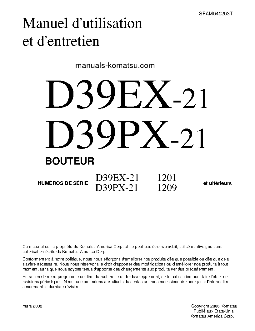 D39PX-21(JPN) S/N 1209-UP Operation manual (French)