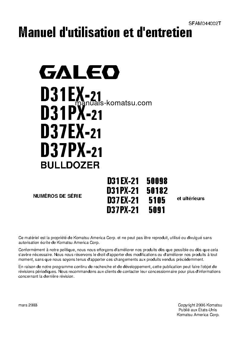 D37PX-21(JPN) S/N 5091-UP Operation manual (French)