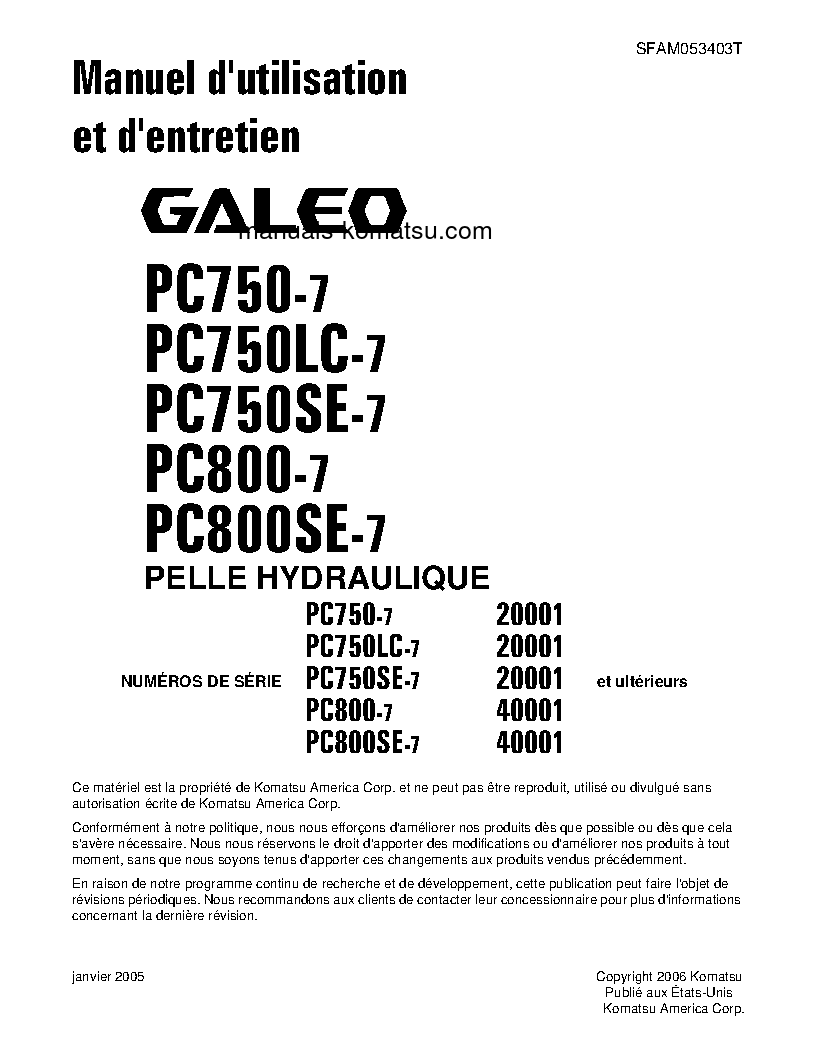 PC800-7(JPN) S/N 40001-UP Operation manual (French)