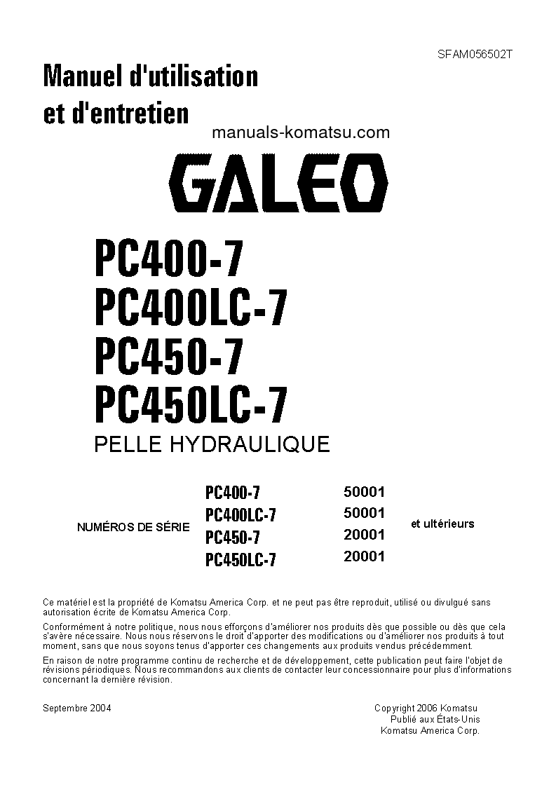 PC450-7(JPN) S/N 20001-UP Operation manual (French)