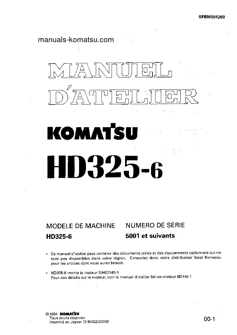 HD325-6(JPN) S/N 5001-UP Shop (repair) manual (French)