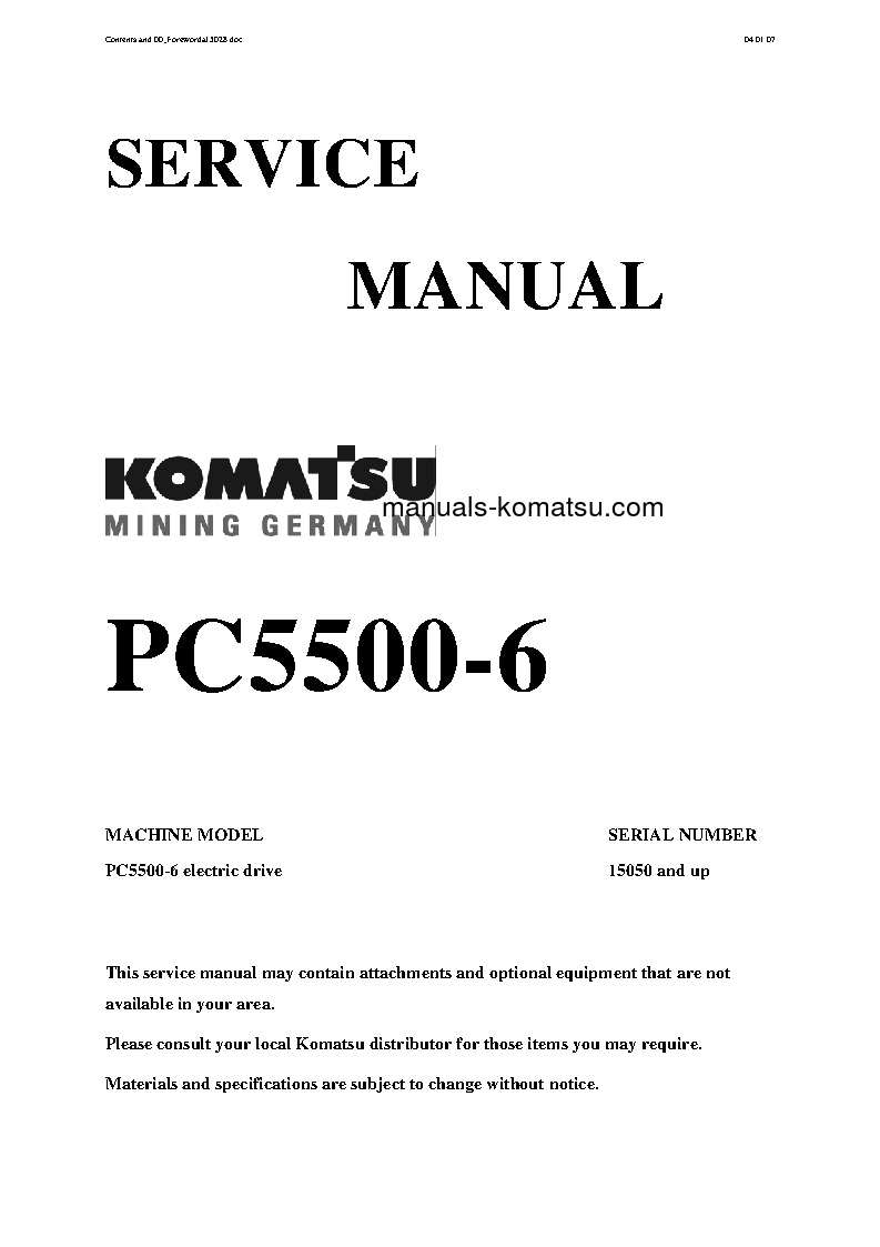 PC5500-6(DEU)-ELECTRIC MOTOR S/N 15050-UP Shop (repair) manual (English)