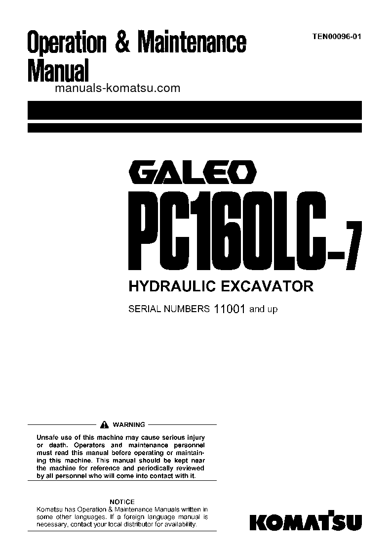PC160LC-7(JPN) S/N 11001-11198 Operation manual (English)